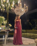 Fancy A Line Straps Burgundy Lace Slit Chiffon Sleeveless Long Evening Dress Party Gowns Evening Special Formal Dresses Prom Dress HZ1121