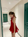 Pretty A line Halter Red Satin Formal Homecoming Dresses 18th Birthday Outfits Graduation Dress Short Mini Cocktail Dresses HZ1121