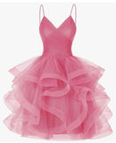 Modest Ball Gown Spaghetti Straps Pink Tulle Formal Homecoming Dresses 8th Grad Dance Graduation Dress Short Hoco Dresses HZ1121