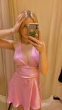 Cheap A line Halter Pink Satin Short Formal Homecoming Dresses Party Graduation Dress Hoco Dresses HZ1121
