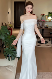 Elegant Off-the-shoulder Mermaid Tulle Evening Dresses White Birthday Dresses HZ1121