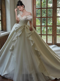 Modest Ball Gown Off-the-shoulder Bridal Dress White Satin Tulle Long Wedding Dress Elegant Lace Applique Bridal Gowns HZ1121