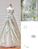 Cute Green Ball Gown Strapless Long Prom Dress Tulle Floral Chiffon Sweet 16 Dress HZ1121
