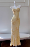 Modest Spaghetti Strap Sheath Lace Applique Long Prom Dresses, Yellow Formal Evening Dresses HZ1121