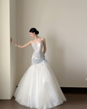 Simple Strapless Mermaid Wedding Dresses Tulle White Bridal Gowns HZ1121