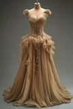 Gorgeous Sweetheart Neck Sheath Long Prom Dresses Tulle Champagne Quinceanera Dresses Sweet 16 Dresses HZ1121