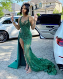 Classy Mermaid Green Sequin Sleeveless Slit Black Girl Long Prom Dresses Party Dress Birthday Outfits Graduation Dresses HZ1121