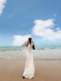 Elegant A Line Spaghetti Straps Sleeveless Lace White Long Evening Party Gowns Evening Formal Dresses Prom Dress HZ1121